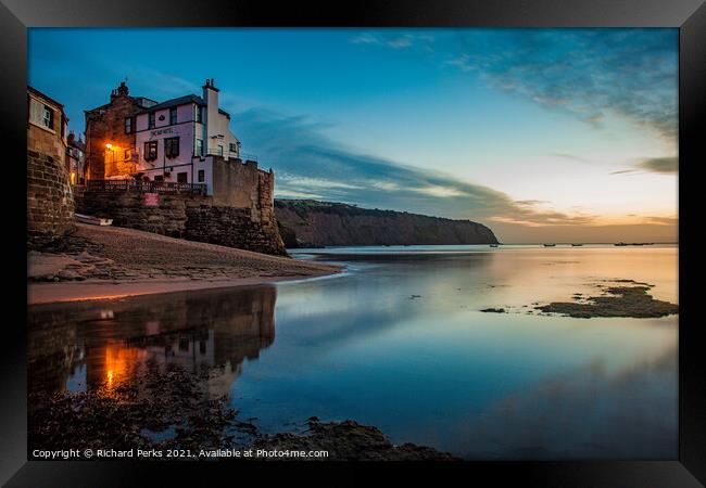 Tides out at Robin Hoods Bay Framed Print by Richard Perks
