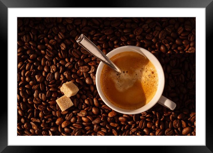 White coffee cup and coffee beans, top view Framed Mounted Print by Laurent Renault