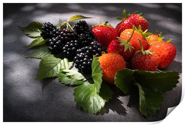 Still life strawberries and blackberries over dark background Print by Laurent Renault