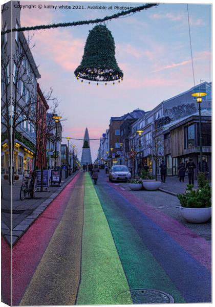 Reykjavik Iceland Rainbow road  Canvas Print by kathy white