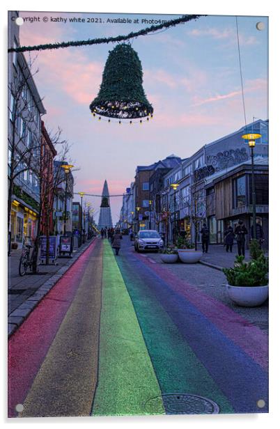 Reykjavik Iceland Rainbow road  Acrylic by kathy white