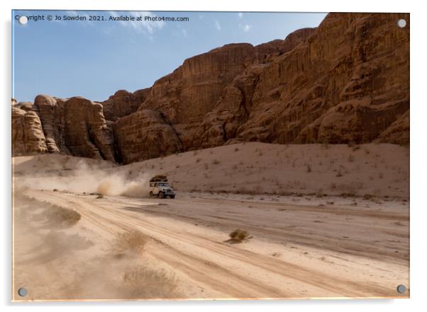 Jeep speeding through Wadi Rum, Jordan Acrylic by Jo Sowden