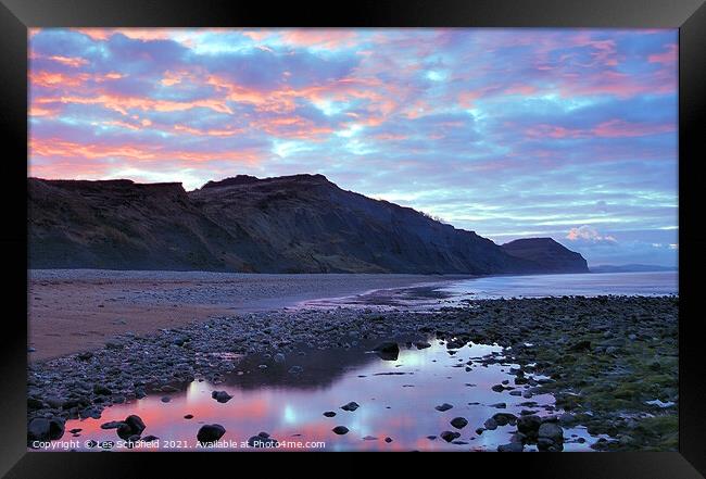 A Golden Sunrise at Charmouth Beach Framed Print by Les Schofield