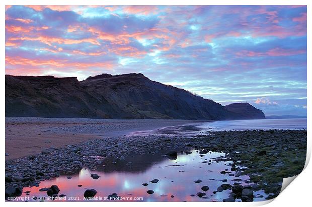 A Golden Sunrise at Charmouth Beach Print by Les Schofield