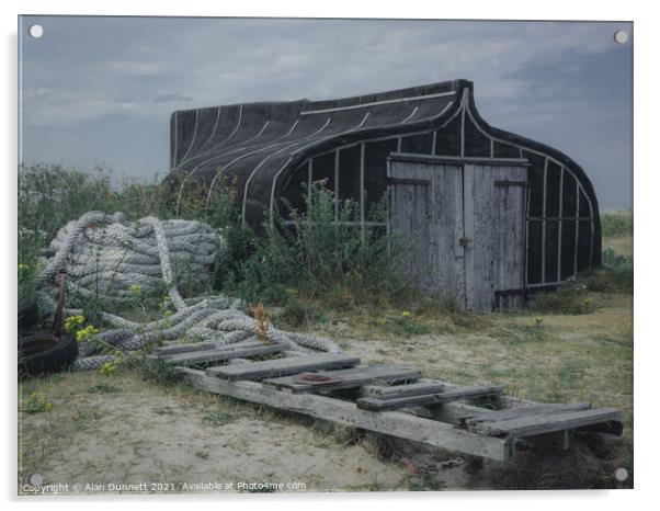 Holy Island Boat shed Acrylic by Alan Dunnett