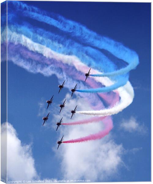 The Majestic Display of Red Arrows Canvas Print by Les Schofield