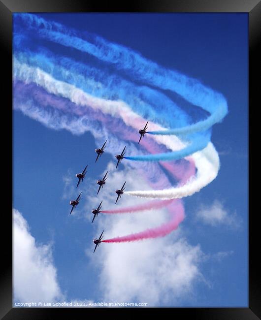 The Majestic Display of Red Arrows Framed Print by Les Schofield