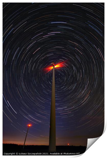 Windmill against startrail Print by Łukasz Szczepański