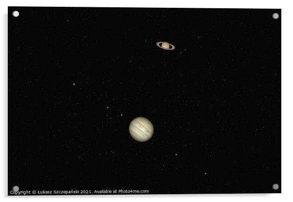 Jupiter and Saturn conjunction against night starry sky Acrylic by Łukasz Szczepański