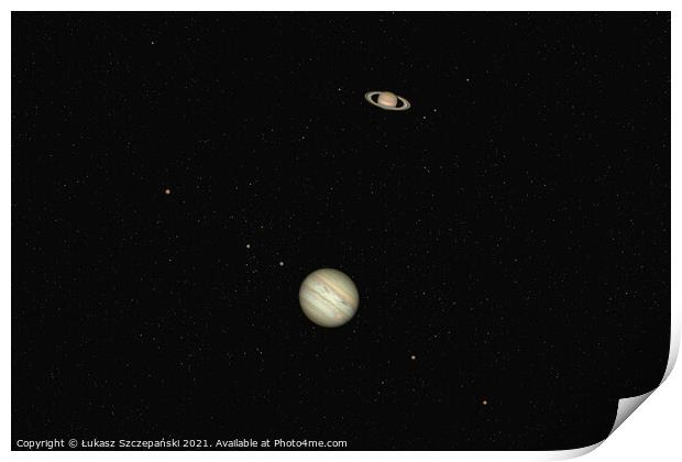 Jupiter and Saturn conjunction against night starry sky Print by Łukasz Szczepański