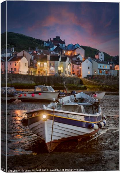 Dramatic sunset Staithes fishing village Canvas Print by Giles Rocholl