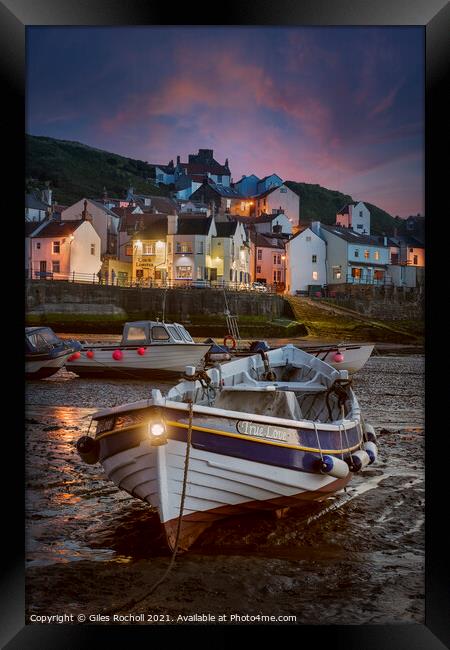 Dramatic sunset Staithes fishing village Framed Print by Giles Rocholl