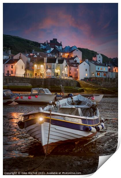 Dramatic sunset Staithes fishing village Print by Giles Rocholl