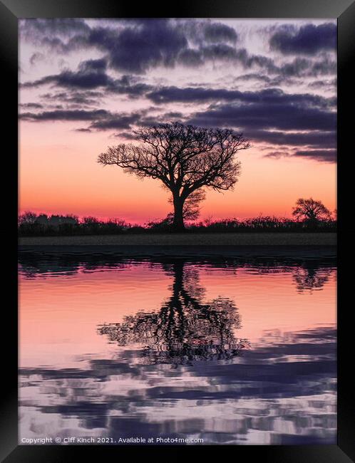 Dawn behind a lone tree  Framed Print by Cliff Kinch