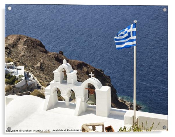 Santorini Bell Tower and Greek Flag Acrylic by Graham Prentice