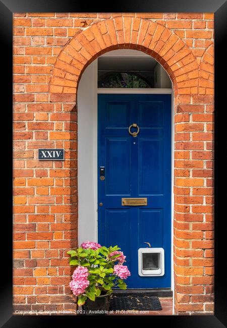 Blue door with catflap and hydrangea flowers,  Framed Print by Kevin Hellon