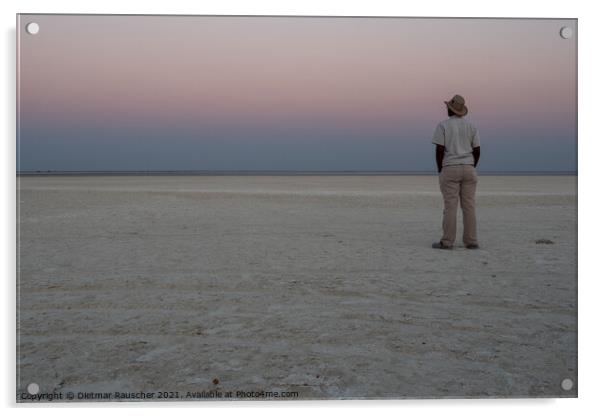 Dusk in Makgadikgadi Salt Pan - Black Man Gazing at Horizon Acrylic by Dietmar Rauscher
