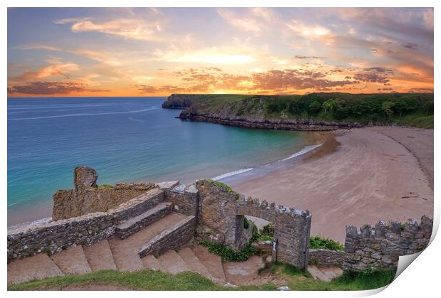 Sunrise at Barafundle Bay in Pembrokeshire Print by Tracey Turner