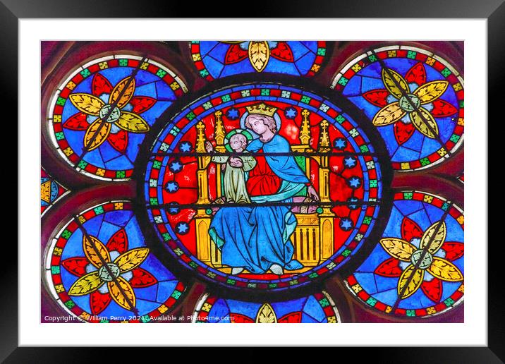 Virgin Mary Stained Glass Notre Dame Cathedral Paris France Framed Mounted Print by William Perry
