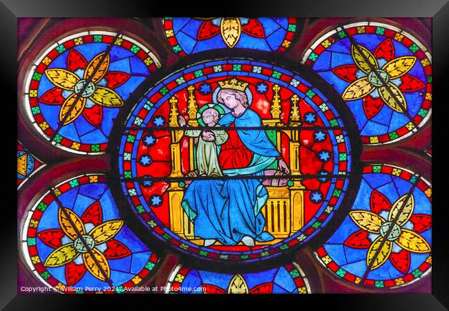 Virgin Mary Stained Glass Notre Dame Cathedral Paris France Framed Print by William Perry