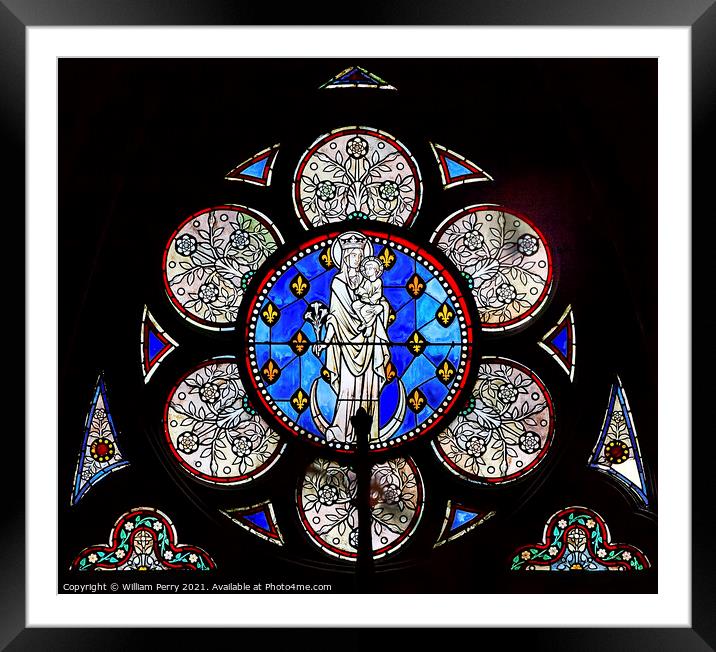 White Mary Stained Glass Notre Dame Cathedral Paris France Framed Mounted Print by William Perry