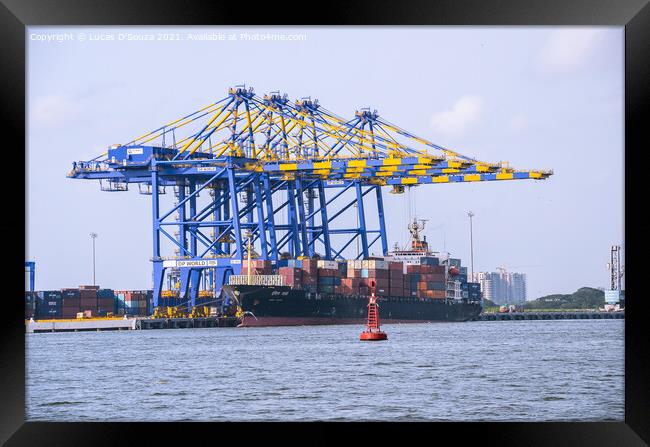 Cranes at a sea port Framed Print by Lucas D'Souza
