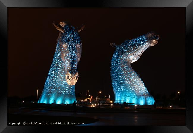 The Kelpies in blue. Framed Print by Paul Clifton