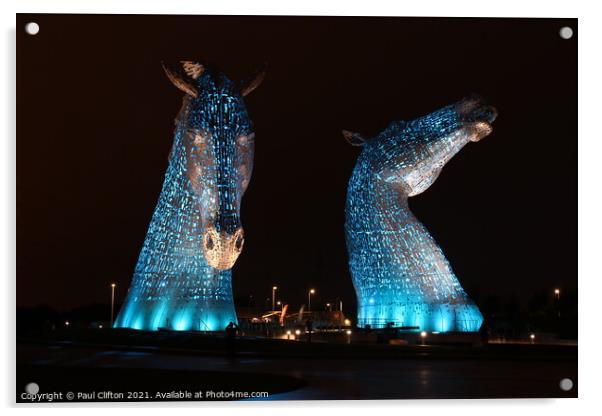 The Kelpies in blue. Acrylic by Paul Clifton