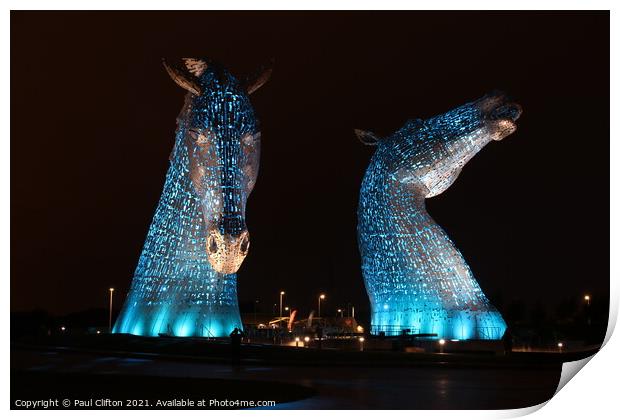 The Kelpies in blue. Print by Paul Clifton