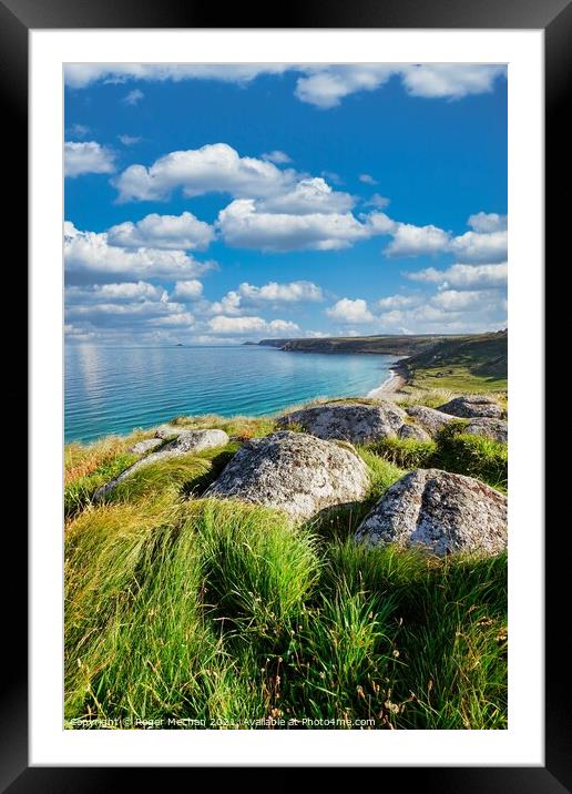 Serene Cornish Coastline Framed Mounted Print by Roger Mechan