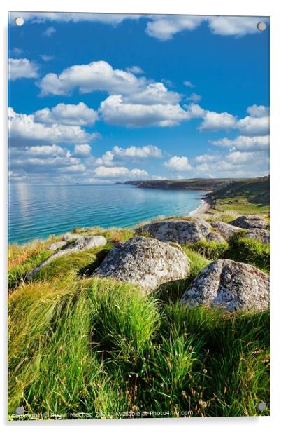 Serene Cornish Coastline Acrylic by Roger Mechan