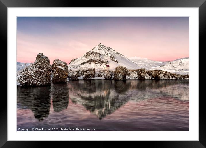 Pink sunrise Iceland snowy mountain Framed Mounted Print by Giles Rocholl