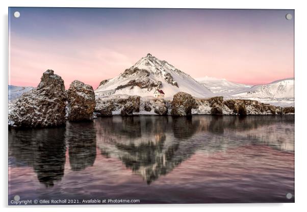 Pink sunrise Iceland snowy mountain Acrylic by Giles Rocholl