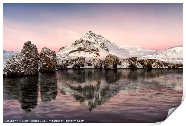Pink sunrise Iceland snowy mountain Print by Giles Rocholl