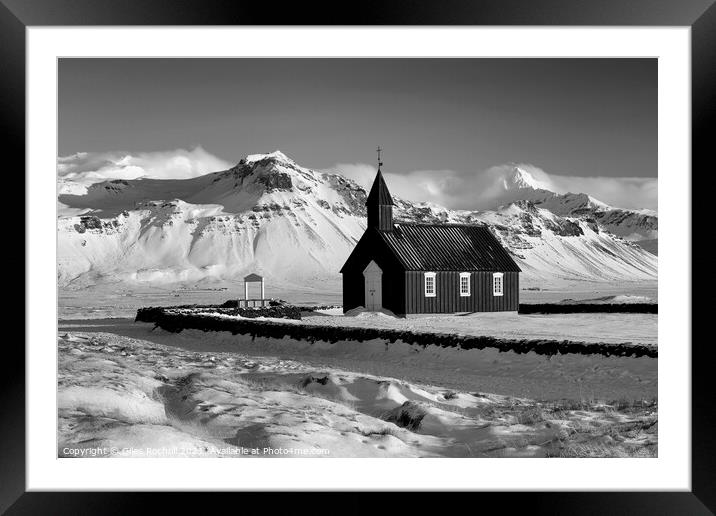 Snow mountain and church Iceland Framed Mounted Print by Giles Rocholl