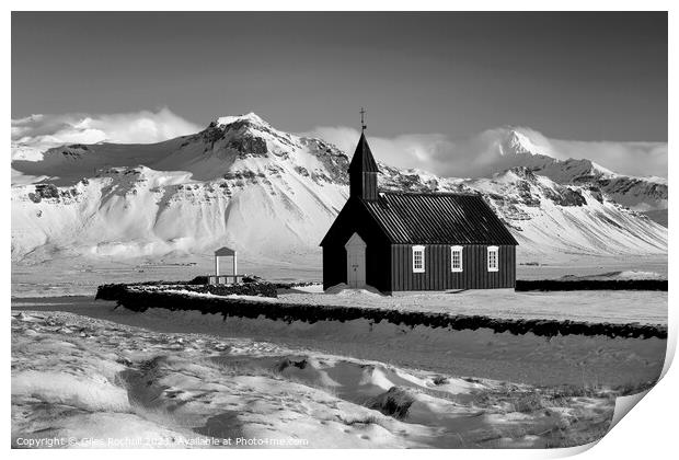 Snow mountain and church Iceland Print by Giles Rocholl