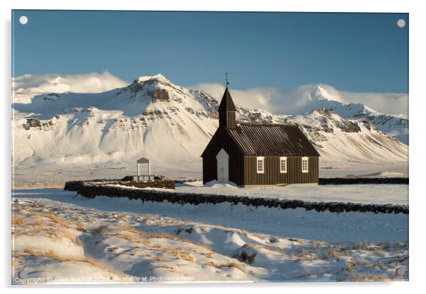 Snow mountain and church Iceland Acrylic by Giles Rocholl