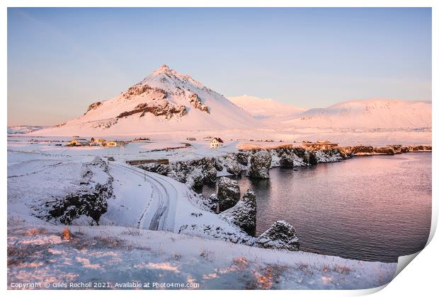 Snowy mountain village Iceland Print by Giles Rocholl