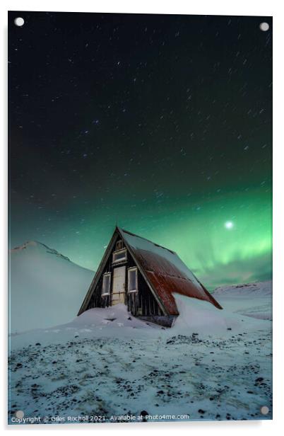 Snowy cabin and northern lights Acrylic by Giles Rocholl