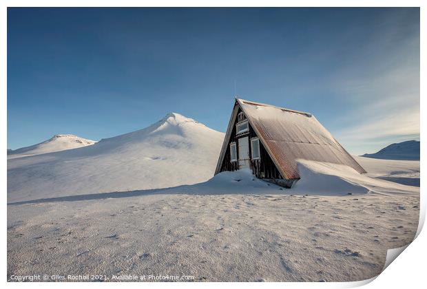 Snowy cabin Iceland Print by Giles Rocholl