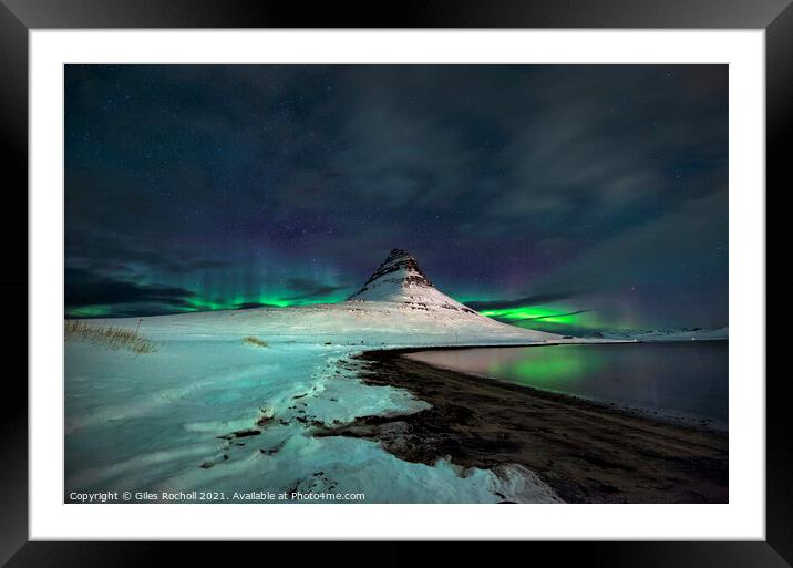 Northern lights over Kirkjufell Iceland Framed Mounted Print by Giles Rocholl