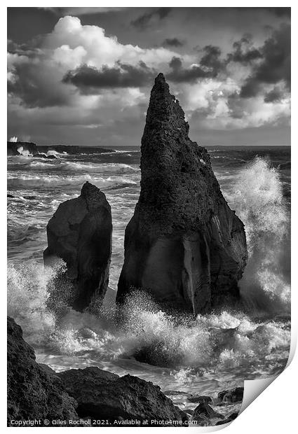 Crashing waves and sea stacks Iceland Print by Giles Rocholl
