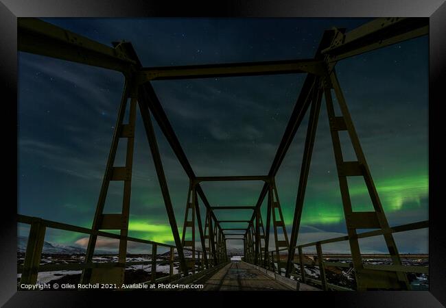 Northern lights bridge Iceland Framed Print by Giles Rocholl