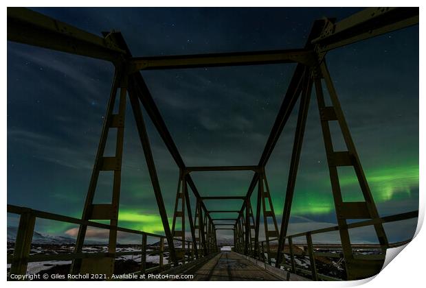 Northern lights bridge Iceland Print by Giles Rocholl