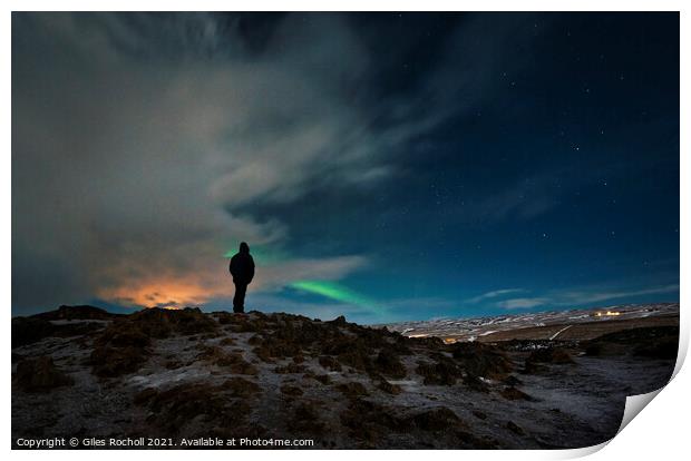 Exploring night time Iceland Northern Lights. Print by Giles Rocholl