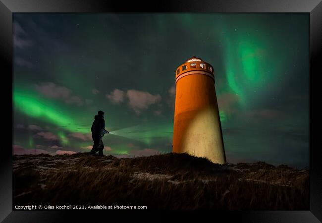 Exploring night time Iceland light house Framed Print by Giles Rocholl