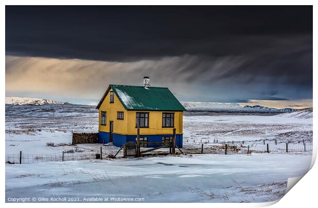 Isolated house snowy Iceland Print by Giles Rocholl