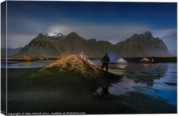 Exploring Vestrahorn at night Iceland Canvas Print by Giles Rocholl