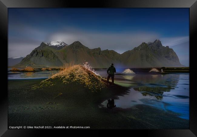 Exploring Vestrahorn at night Iceland Framed Print by Giles Rocholl