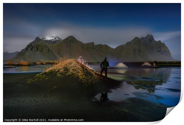 Exploring Vestrahorn at night Iceland Print by Giles Rocholl